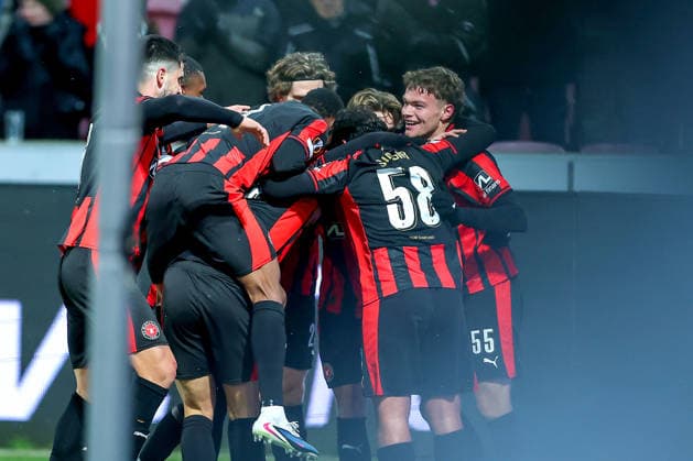 29 01 2026, Football, UEFA Europa League, Matchday 8, FC Midtjylland GNK Dinamo Zagreb, MCH Arena in Herning, Denmark Goal celebration after the 2-0 goal by scorer Victor Bak FC Midtjylland 55 together with Regulations prohibit any use of photographs as image sequences and or quasi video Denmark