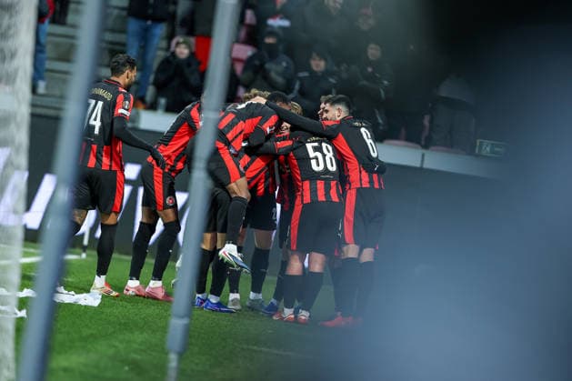 29 01 2026, Football, UEFA Europa League, Matchday 8, FC Midtjylland GNK Dinamo Zagreb, MCH Arena in Herning, Denmark Goal celebration after the 2-0 goal by scorer Victor Bak FC Midtjylland 55 together with Regulations prohibit any use of photographs as image sequences and or quasi video Denmark