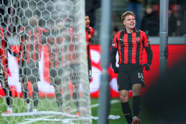 29 01 2026, Football, UEFA Europa League, Matchday 8, FC Midtjylland GNK Dinamo Zagreb, MCH Arena in Herning, Denmark Goal celebration after the 2-0 goal by scorer Victor Bak FC Midtjylland 55 together with Regulations prohibit any use of photographs as image sequences and or quasi video Denmark