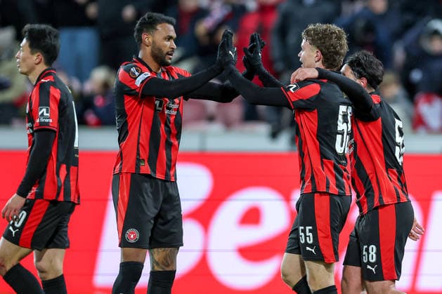 29 01 2026, Football, UEFA Europa League, Matchday 8, FC Midtjylland GNK Dinamo Zagreb, MCH Arena in Herning, Denmark Goal celebration after the 2-0 goal by scorer Victor Bak FC Midtjylland 55 together with Junior Brumado FC Midtjylland 74 Regulations prohibit any use of photographs as image sequences and or quasi video Denmark