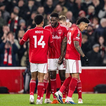 29th January 2026; The City Ground, Nottingham, England; UEFA Europa League Football, Nottingham Forest versus Ferencvarosi; Ibrahim Sangare of Nottingham Forest celebrates with his team after the own goal scored by Bence Otvos of Ferencvarosi TC in the 17th minute to make the score 1-0  GodfreyxPitt Content restricted for UK based newspaper