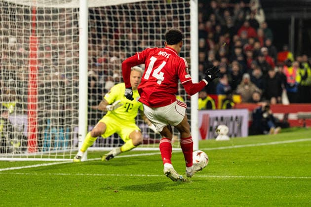 29th January 2026; The City Ground, Nottingham, England; UEFA Europa League Football, Nottingham Forest versus Ferencvarosi; Dan Ndoye of Nottingham Forest shoots at goal  GodfreyxPitt Content restricted for UK based newspaper