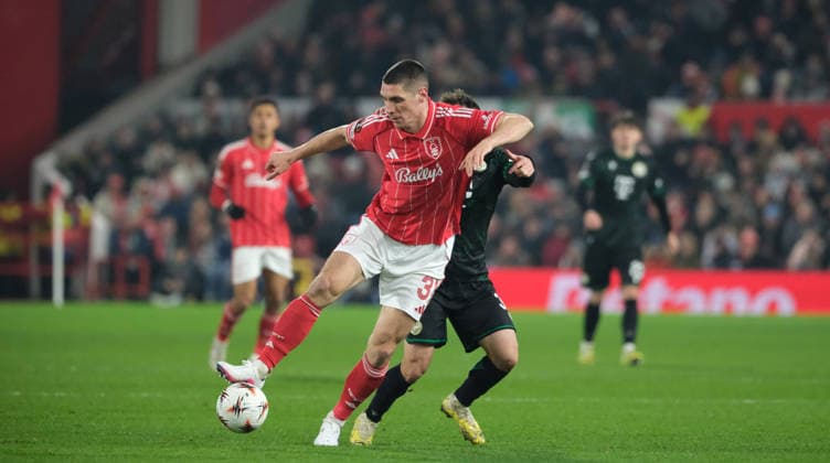 Nikola Milenkovic of Nottingham Forest seen in action during the UEFA Europa league football match between Nottingham Forest and Ferencvaros TC at the City Ground in Nottingham. Copyright: xPaulxBonser SportsxPressxPhotox Sportspressphoto_SPR86797