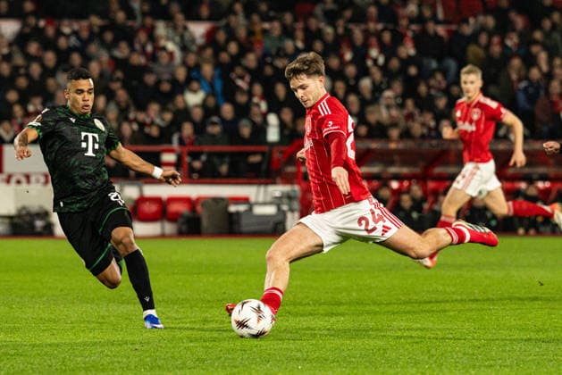 29th January 2026; The City Ground, Nottingham, England; UEFA Europa League Football, Nottingham Forest versus Ferencvarosi; James McAtee of Nottingham Forest shoots at goal  GodfreyxPitt Content restricted for UK based newspaper