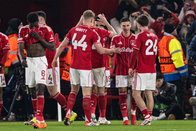 29th January 2026; The City Ground, Nottingham, England; UEFA Europa League Football, Nottingham Forest versus Ferencvarosi; Igor Jesus of Nottingham Forest celebrates with his team after scoring in the 55th minute to make the score 3-0  GodfreyxPitt Content restricted for UK based newspaper
