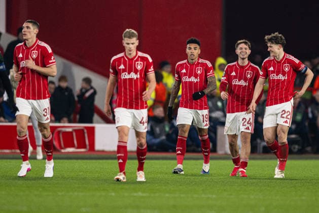 29th January 2026; The City Ground, Nottingham, England; UEFA Europa League Football, Nottingham Forest versus Ferencvarosi; Igor Jesus of Nottingham Forest celebrates with his team after scoring in the 55th minute to make the score 3-0  GodfreyxPitt Content restricted for UK based newspaper