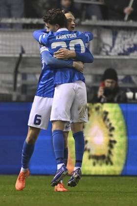 Genk s Konstantinos Kos Karetsas celebrates after scoring during a soccer game between Belgian soccer team KRC Genk and Swedish team Malmo FF, in Genk, on Thursday 29 January 2026, on day eight of the League phase of the UEFA Europa League tournament. JOHAN EYCKENS JohanxEyckens  x159654798x