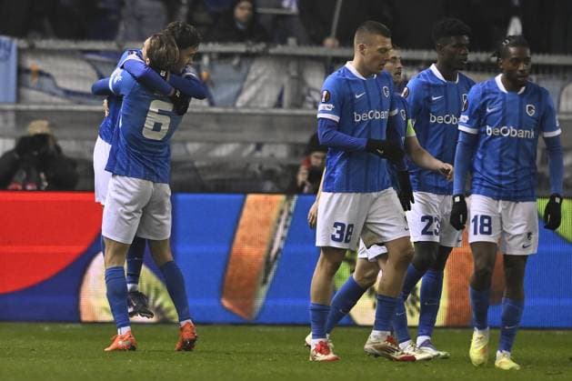 Genk s Konstantinos Kos Karetsas celebrates after scoring during a soccer game between Belgian soccer team KRC Genk and Swedish team Malmo FF, in Genk, on Thursday 29 January 2026, on day eight of the League phase of the UEFA Europa League tournament. JOHAN EYCKENS JohanxEyckens  x159654811x