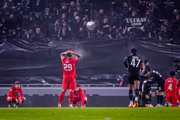 STURM GRAZ - BRANN BERGEN Players of Brann Noah Holm, Nana Kwame Boakye after Otar Kiteishvili scored a goal during the league phase of UEFA Europa league football match between SK Sturm Graz and SK Brann Bergen. Graz, Austria, January 29, 2026. Photo by Branislav Racko Copyright: xx 080A1075