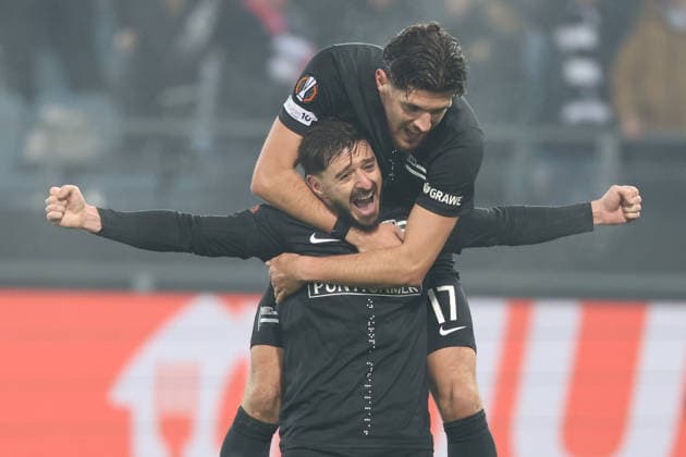 SOCCER - UEFA EL, Sturm vs Brann GRAZ,AUSTRIA,29.JAN.26 - SOCCER - UEFA Europa League, SK Sturm Graz vs SK Brann Bergen. Image shows the rejoicing of Emir Karic and Otar Kiteishvili (Sturm).  GEPAxpictures xChrisxBauer