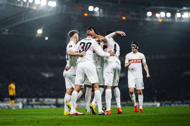 Chema Andres 30 VfB Stuttgart , Josha Vagnoman 4 VfB Stuttgart , Jovan Milosevic 19 VfB Stuttgart , Ramon Hendriks 3 VfB Stuttgart and Ermedin Demirovic 9 VfB Stuttgart celebrate together Players celebrate goal celebrations Copyright: xspeedshotx
