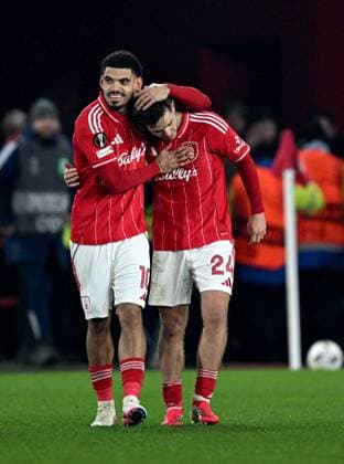 James McAtee of Nottingham Forest celebrates with Morgan Gibbs-White after scoring the team s fourth goal from a penalty Nottingham Forest v Ferencvaros, UEFA Europa League, Group Stage, Football, City Ground, Nottingham, UK - 29 Jan 2026Nottingham City Ground United Kingdom EDITORIAL USE ONLY No use with unauthorised audio, video, data, fixture lists, club league logos or live services. Online in-match use limited to 120 images, no video emulation. No use in betting, games or single club league player publications. Copyright: xAnnaxGowthorpe Shutterstockx 16445882ad