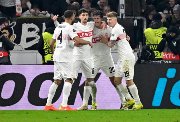GOAL for 3 2 Jose Maria Chema Andres Baixauli VfB Stuttgart 30 Goal celebration Atakan Karazor VfB Stuttgart 16 Finn Jeltsch VfB Stuttgart 29 Josha Vagnoman VfB Stuttgart 04 VfB Stuttgart vs Young Boys Bern YB EUROPA LEAGUE EL 29 01 2026 DFL REGULATIONS PROHIBIT ANY USE OF PHOTOGRAPHS AS IMAGE SEQUENCES AND OR QUASI VIDEO VfB Stuttgart vs Young Boys Bern YB