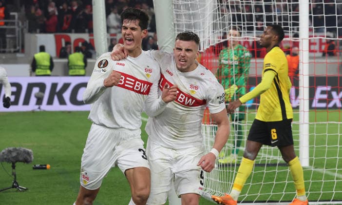 Stuttgart, Soccer Europa League , VfB Stuttgart vs BSC Young Boys Bern , VfB cheers , from left Chema Andres Ermedin Demirovic