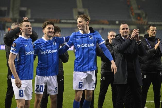 Genk s Bryan Heynen, Genk s Konstantinos Kos Karetsas, Genk s Matte Smets and Genk s head coach Nicky Hayen celebrate after winning a soccer game between Belgian soccer team KRC Genk and Swedish team Malmo FF, in Genk, on Thursday 29 January 2026, on day eight of the League phase of the UEFA Europa League tournament. JOHAN EYCKENS JohanxEyckens  x159658023x