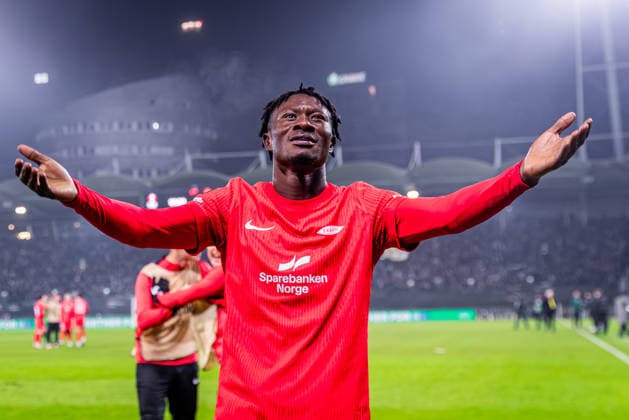 STURM GRAZ - BRANN BERGEN Player of Brann Nana Kwame Boakye celebrates their qualification to the knockout stage after the league phase of UEFA Europa league football match between SK Sturm Graz and SK Brann Bergen. Graz, Austria, January 29, 2026. Photo by Branislav Racko Copyright: xx _BRR0678