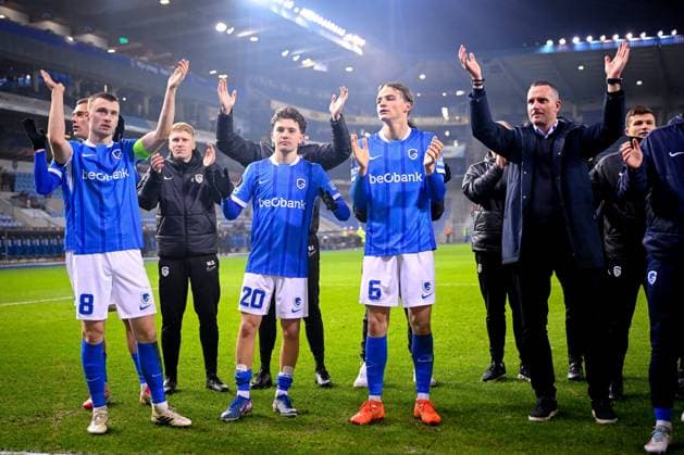KRC Genk v Malmo - UEFA Europa League GENK, BELGIUM - JANUARY 29 : Heynen Bryan midfielder of KRC Genk, Karetsas Konstantinos midfielder of KRC Genk, Smets Matte defender of KRC Genk and Hayen Nicky head coach of KRC Genk after winning the UEFA Europa League 2025 26 League Phase MD8 match between KRC Genk and Malmo on January 29, 2026 in Genk, Belgium, 29 01 2026  Copyright: xTomasxSiskx
