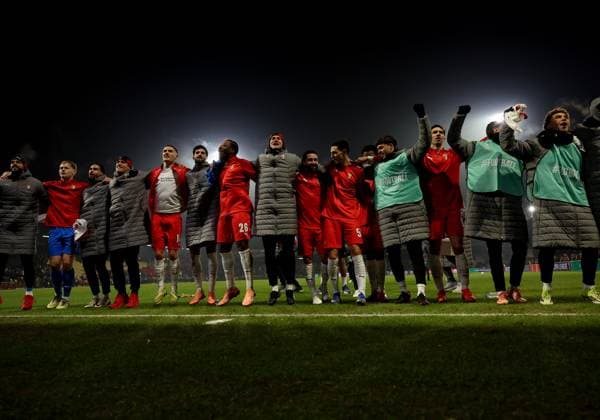Braga players celebrate going to the next round during the match Go Ahead Eagles vs Braga at the De Adelaarshorst for the UEFA Europa League season 2025 2026 in DEVENTER, Netherlands on 29 january 2026 Photo by Peter Lous EYE4IMAGES