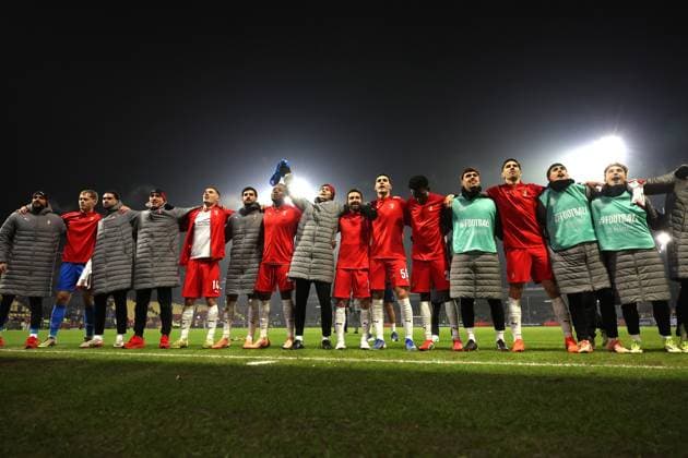 Braga players celebrate going to the next round during the match Go Ahead Eagles vs Braga at the De Adelaarshorst for the UEFA Europa League season 2025 2026 in DEVENTER, Netherlands on 29 january 2026 Photo by Peter Lous EYE4IMAGES