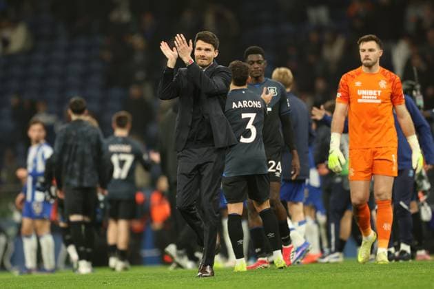 Rangers head coach Danny Röhl applauds the traveling fans after the UEFA Europa League league phase match at Estadio do Dragao, Porto. Porto v Rangers - UEFA Europa League - Estadio do Dragao, Portugal - 29 Jan 2026Porto Estadio do Dragao Portugal EDITORIAL USE ONLY  Copyright: xRangersxFC Shutterstockx 16488595dn