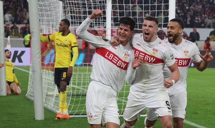 Stuttgart, Soccer Europa League , VfB Stuttgart vs BSC Young Boys Bern , VfB cheers , from left Chema Andres Ermedin Demirovic Josha Vagnoman