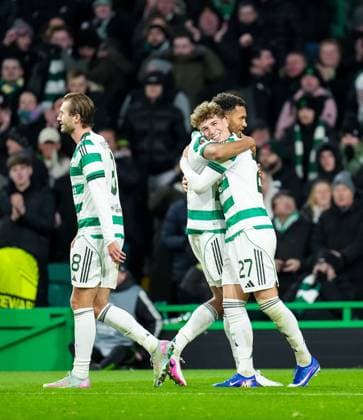 Auston Trusty of Celtic celebrates with fellow goalscorers Benjamin Nygren & Arne Engels of Celtic after scoring to give Celtic a 4-2 lead. Celtic v Utrecht, UEFA Europa League, Group Stage, Football, Celtic Park, Glasgow, UK - 29 Jan 2026Glasgow Celtic Park United Kingdom EDITORIAL USE ONLY No use with unauthorised audio, video, data, fixture lists, club league logos or live services. Online in-match use limited to 120 images, no video emulation. No use in betting, games or single club league player publications. Copyright: xStuartxWallace Shutterstockx 16445870bg