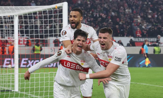 Stuttgart, Soccer Europa League , VfB Stuttgart vs BSC Young Boys Bern , VfB cheering , from left Chema Andres Ermedin Demirovic , in the back Josha Vagnoman