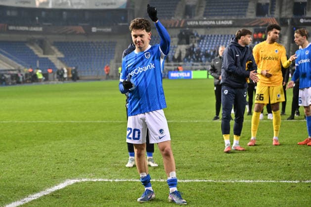 260129 KRC Genk vs Malmo FF Konstantinos Karetsas (20) of Genk celebrates after winning during the 8th game in the Uefa Europa League season 2025-2026 League Phase between KRC Genk and Malmo FF from Sweden on January 30 , 2026 in Genk, Belgium. (Photo by David Catry Isosport) Genk Belgium  Copyright: xDavidxCatryx 20260130DC2_4257