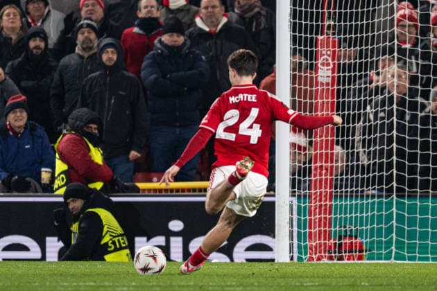 29th January 2026; The City Ground, Nottingham, England; UEFA Europa League Football, Nottingham Forest versus Ferencvarosi; James McAtee of Nottingham Forest scores from the penalty spot in the 90th minute to make the score 4-0  GodfreyxPitt Content restricted for UK based newspaper