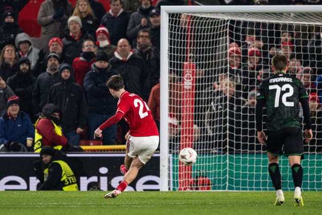 29th January 2026; The City Ground, Nottingham, England; UEFA Europa League Football, Nottingham Forest versus Ferencvarosi; James McAtee of Nottingham Forest scores from the penalty spot in the 90th minute to make the score 4-0  GodfreyxPitt Content restricted for UK based newspaper