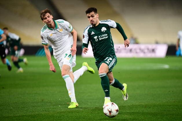UEFA Europa League, Panathinaikos FC vs AS Roma - Giorgos Kiriakopoulos of Panathinaikos in action against Jan ZioÅ‚kowski of Roma during the UEFA Europa League league phase matchday 8 soccer match between Panathinaikos FC and AS Roma held at Olympic Athletic Center of Athens in Athens, Greece, 29 January 2026. IMAGO ONE INCH PRODUCTIONS ATHENS Greece Copyright: xOnexInchxProductionsx 6830415
