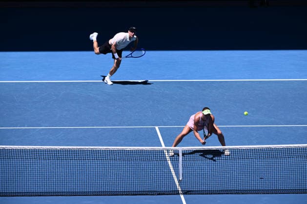 TENNIS AUSTRALIAN OPEN, Olivia Gadecki and John Peers of Australia in action against Kristina Mladenovic and Manuel Guinard of France during the mixed doubles final on day 13 of the 2026 Australian Open tennis tournament at Melbourne Park in Melbourne, Friday, January 30, 2026. ( NO ARCHIVING MELBOURNE VICTORIA AUSTRALIA  Copyright: xJOELxCARRETTx 20260130192674538105