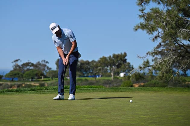 January 29, 2026: Austin Eckroat putts on the 12th hole during the first round of the Farmers Insurance Open on Torrey Pines North Course in San Diego, California. CSM San Diego USA - ZUMAc04_ 20260129_zma_c04_002 Copyright: xJustinxFinex