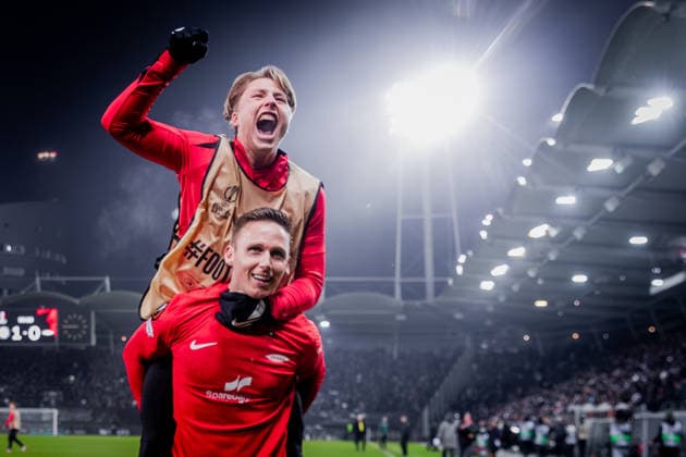 STURM GRAZ - BRANN BERGEN Joachim Soltvedt, Jesper Eikrem of Brann celebrate after the league phase of UEFA Europa league football match between SK Sturm Graz and SK Brann Bergen. Graz, Austria, January 29, 2026. Photo by Branislav Racko Copyright: xx _BRR0631