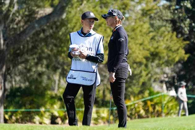 January 29, 2026, Orlando, Florida, USA: Annika Sorenstam (R) and her son Will McGee as her caddie chat on the 9th green during the first round of the 2026 Hilton Grand Vacations Tournament of Champions at Lake Nona Golf & Country Club. Orlando USA - ZUMAw109 20260129_fap_w109_027 Copyright: xDebbyxWongx