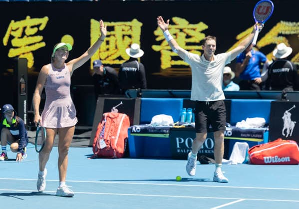 (260130) -- MELBOURNE, Jan. 30, 2026 -- Olivia Gadecki (L) John Peers celebrate winning the mixed doubles final match between Olivia Gadecki John Peers of Australia and Kristina Mladenovic Manuel Guinard of France at the Australian Open tennis tournament in Melbourne, Australia, Jan. 30, 2026. (Photo by Xinhua) (SP)AUSTRALIA-MELBOURNE-TENNIS-AUSTRALIAN OPEN-MIXED DOUBLES-FINAL HuxJingchen 