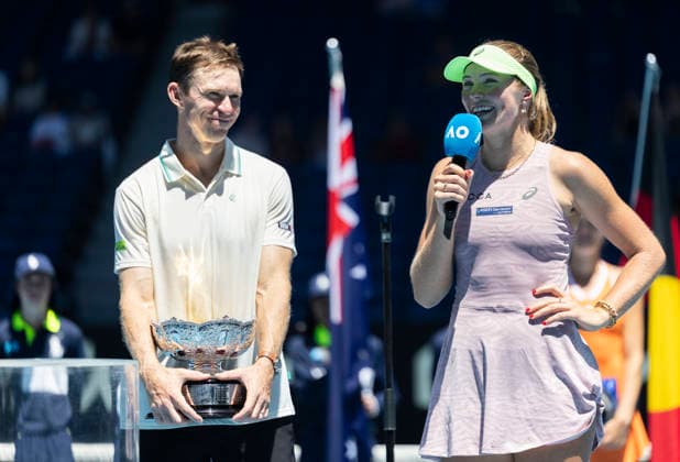 (260130) -- MELBOURNE, Jan. 30, 2026 -- Olivia Gadecki (R) John Peers are interviewed after winning the mixed doubles final match between Olivia Gadecki John Peers of Australia and Kristina Mladenovic Manuel Guinard of France at the Australian Open tennis tournament in Melbourne, Australia, Jan. 30, 2026. (Photo by Xinhua) (SP)AUSTRALIA-MELBOURNE-TENNIS-AUSTRALIAN OPEN-MIXED DOUBLES-FINAL HuxJingchen 
