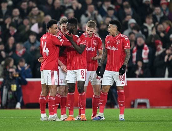 Nottingham Forest players celebrate their opening goal, an own goal by Bence Ötvös of Ferencvaros Nottingham Forest v Ferencvaros, UEFA Europa League, Group Stage, Football, City Ground, Nottingham, UK - 29 Jan 2026Nottingham City Ground United Kingdom EDITORIAL USE ONLY No use with unauthorised audio, video, data, fixture lists, club league logos or live services. Online in-match use limited to 120 images, no video emulation. No use in betting, games or single club league player publications. Copyright: xAnnaxGowthorpe Shutterstockx 16445882ax