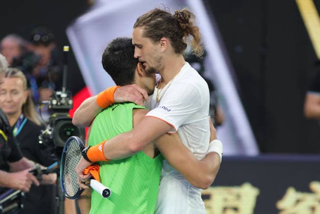 Carlos Alcaraz, ESP, and Alexander Zverev, GER, after semifinals at 2026 Australian Open in Melbourne, 30 01 2026