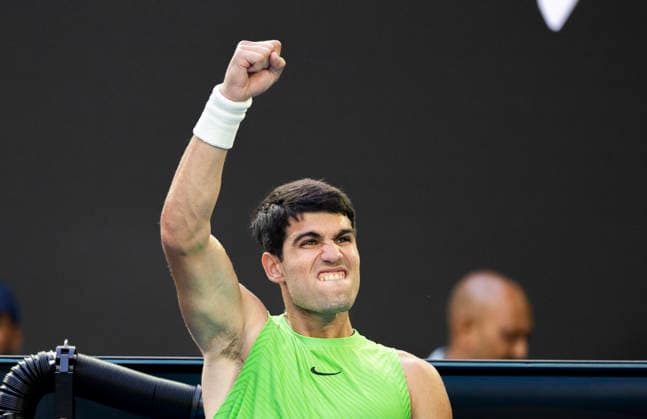 (260130) -- MELBOURNE, Jan. 30, 2026 -- Carlos Alcaraz reacts during the men s singles semifinal match between Carlos Alcaraz of Spain and Alexander Zverev of Germany at the Australian Open tennis tournament in Melbourne, Australia, Jan. 30, 2026. (Photo by Xinhua) (SP)AUSTRALIA-MELBOURNE-TENNIS-AUSTRALIAN OPEN-MEN S SINGLES-SEMIFINAL HuxJingchen 