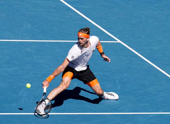(260130) -- MELBOURNE, Jan. 30, 2026 -- Alexander Zverev hits a return during the men s singles semifinal match between Carlos Alcaraz of Spain and Alexander Zverev of Germany at the Australian Open tennis tournament in Melbourne, Australia, Jan. 30, 2026. ) (SP)AUSTRALIA-MELBOURNE-TENNIS-AUSTRALIAN OPEN-MEN S SINGLES-SEMIFINAL MaxPing 