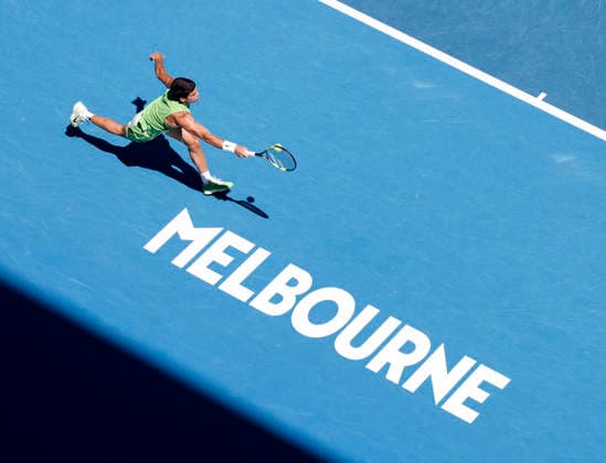 (260130) -- MELBOURNE, Jan. 30, 2026 -- Carlos Alcaraz hits a return during the men s singles semifinal match between Carlos Alcaraz of Spain and Alexander Zverev of Germany at the Australian Open tennis tournament in Melbourne, Australia, Jan. 30, 2026. ) (SP)AUSTRALIA-MELBOURNE-TENNIS-AUSTRALIAN OPEN-MEN S SINGLES-SEMIFINAL MaxPing 