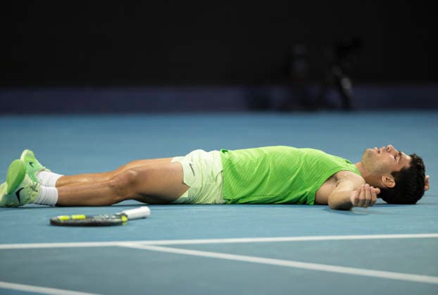 (260130) -- MELBOURNE, Jan. 30, 2026 -- Carlos Alcaraz reacts after the men s singles semifinal match between Carlos Alcaraz of Spain and Alexander Zverev of Germany at the Australian Open tennis tournament in Melbourne, Australia, Jan. 30, 2026. (Photo by Xinhua) (SP)AUSTRALIA-MELBOURNE-TENNIS-AUSTRALIAN OPEN-MEN S SINGLES-SEMIFINAL HuxJingchen 