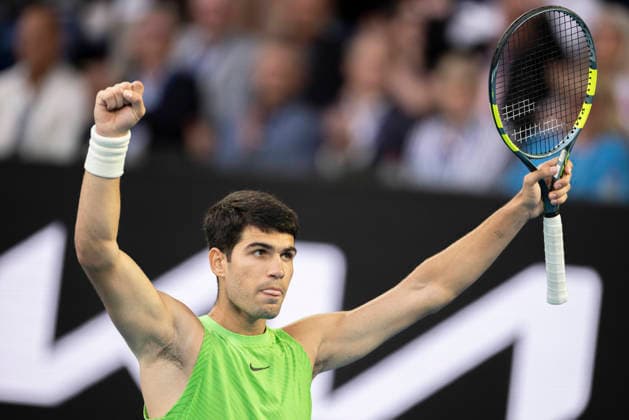 (260130) -- MELBOURNE, Jan. 30, 2026 -- Carlos Alcaraz reacts after the men s singles semifinal match between Carlos Alcaraz of Spain and Alexander Zverev of Germany at the Australian Open tennis tournament in Melbourne, Australia, Jan. 30, 2026. (Photo by Xinhua) (SP)AUSTRALIA-MELBOURNE-TENNIS-AUSTRALIAN OPEN-MEN S SINGLES-SEMIFINAL HuxJingchen 