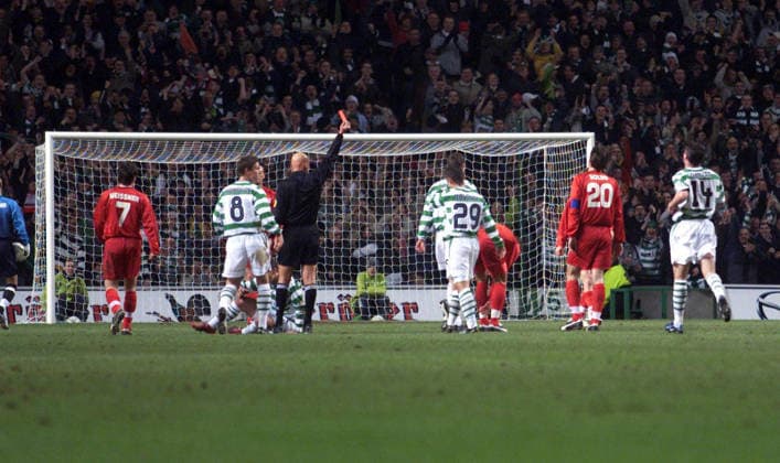 20 02 03 Celtic Glasgow VfB Stuttgart Scotland, Glasgow, 20 02 2003, Soccer, UEFA Cup, Season 2002 2003, Celtic Glasgow VfB Stuttgart 3 1 v l Pier Luigi Collina Referees , Marcelo Bordon VfB Stuttgart red Card