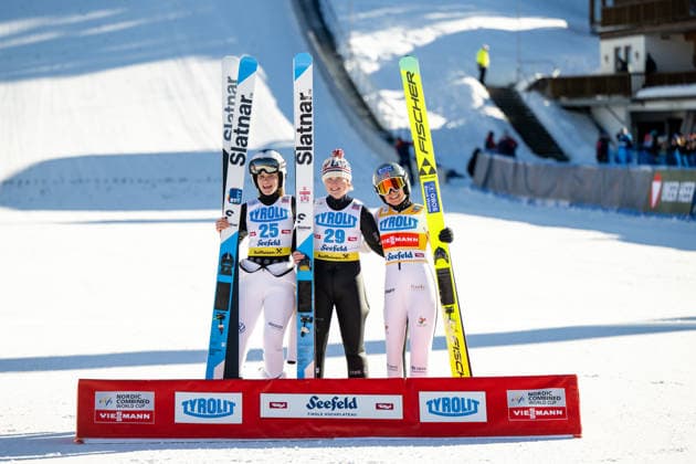 VOLAVSEK Ema (Slowenien), BRABEC Alexa (USA), HAGEN Ida Marie (Norwegen) bei der Winners Presentation im Ziel, AUT, FIS Viessmann Weltcup Nordische Kombination, Seefeld Triple, Skispringen Normalschanze, Saison 2025 2026, 30.01.2026 AUT, FIS Viessmann Weltcup Nordische Kombination, Seefeld Triple, Saison 2025 2026, 30.01.2026 Seefeld *** VOLAVSEK Ema Slovenia , BRABEC Alexa USA , HAGEN Ida Marie Norway at the finish of the Winners Presentation, AUT, FIS Viessmann World Cup Nordic Combined, Seefeld Triple, Ski Jumping Normal Hill, Season 2025 2026, 30 01 2026 AUT, FIS Viessmann World Cup Nordic Combined, Seefeld Triple, Season 2025 2026, 30 01 2026 Seefeld Copyright: xEibner-Pressefoto Memmlerx EP_MMR