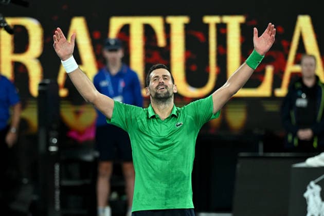 TENNIS AUSTRALIAN OPEN, Novak Djokovic of Serbia celebrates match point during the men™s semifinal against Jannik Sinner of Italy on day 13 of the 2026 Australian Open tennis tournament at Melbourne Park in Melbourne, Saturday, January 31, 2026. ( NO ARCHIVING MELBOURNE VICTORIA AUSTRALIA  Copyright: xJAMESxROSSx 20260131125013451599