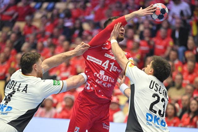 Herning, Denmark, 300126. Jyske Bank Boxen Hall. Croatian player Tin Lucin during the semi-final match of the European Handball Championship 2026, Germany - Croatia. Photo: Ante Cizmic CROPIX Hrvatska Copyright: xxAntexCizmicx xCROPIXx njemacka_hrvatska10-300126