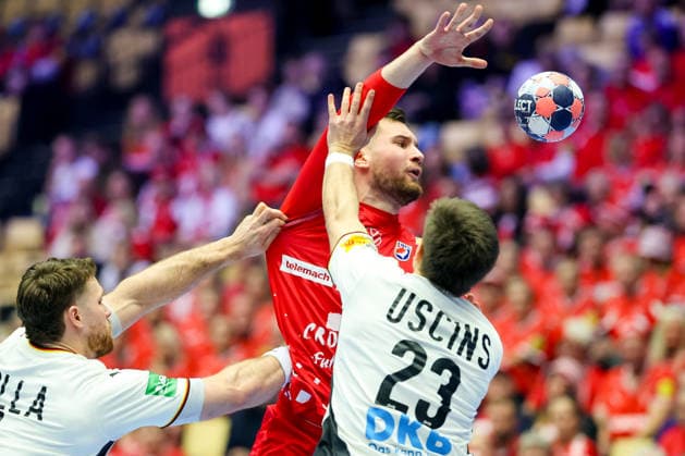 Croatia v Germany - MenÂ s EHF EURO 2026 HERNING, DENMARK - JANUARY 30: Johannes Golla, Tin Lucin during the Men s EHF Euro 2026 Semi Finals match between Croatia and Germany at Jyske Bank Boxen Herning Arena on January 30 2026 in Herning, Denmark.  SanjinxStrukic PIXSELL