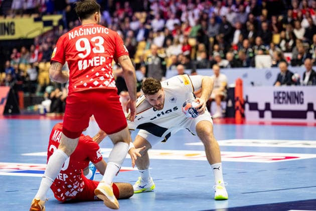 HERNING, DENMARK - JANUARY 30: Johannes Golla (Germany, 04) in attack during the EHF EURO 2026 Semifinal 1 match between Germany vs Croatia at Jyske Bank Boxen Arena on January 30, 2026 in Herning, Denmark. Midtjylland Denmark Copyright: xMarioxM.xKobergx